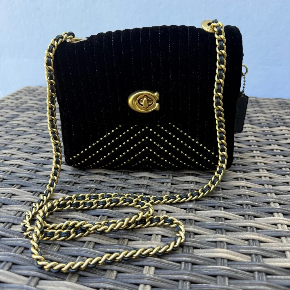 Coach Parker 18 Black Velvet Rivet Chain Crossbody Bag 31034 READ